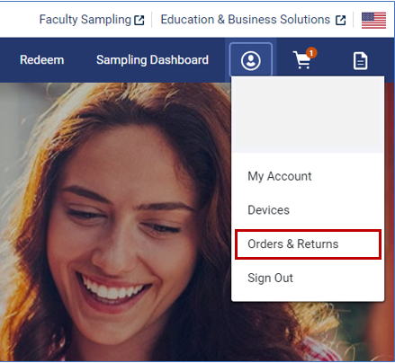 home page with order and returns option
